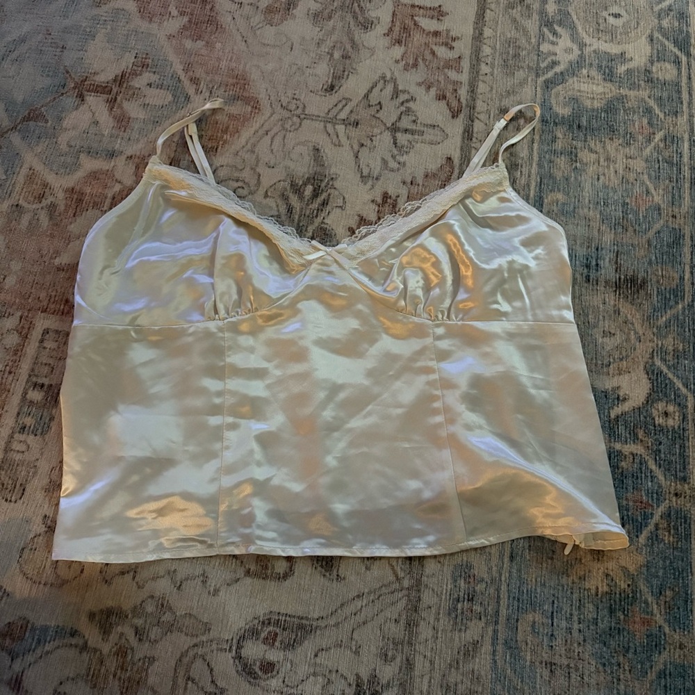 H & M Y2K Babydoll Camisole Tank Top Ivory Lace Trim Silk Women’s Size L NEW